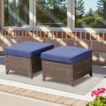 Arnahaishe Outdoor Wicker Ottomans Set of 2, Patio Rattan Footrests with Blue Cushions for Backyard Deck