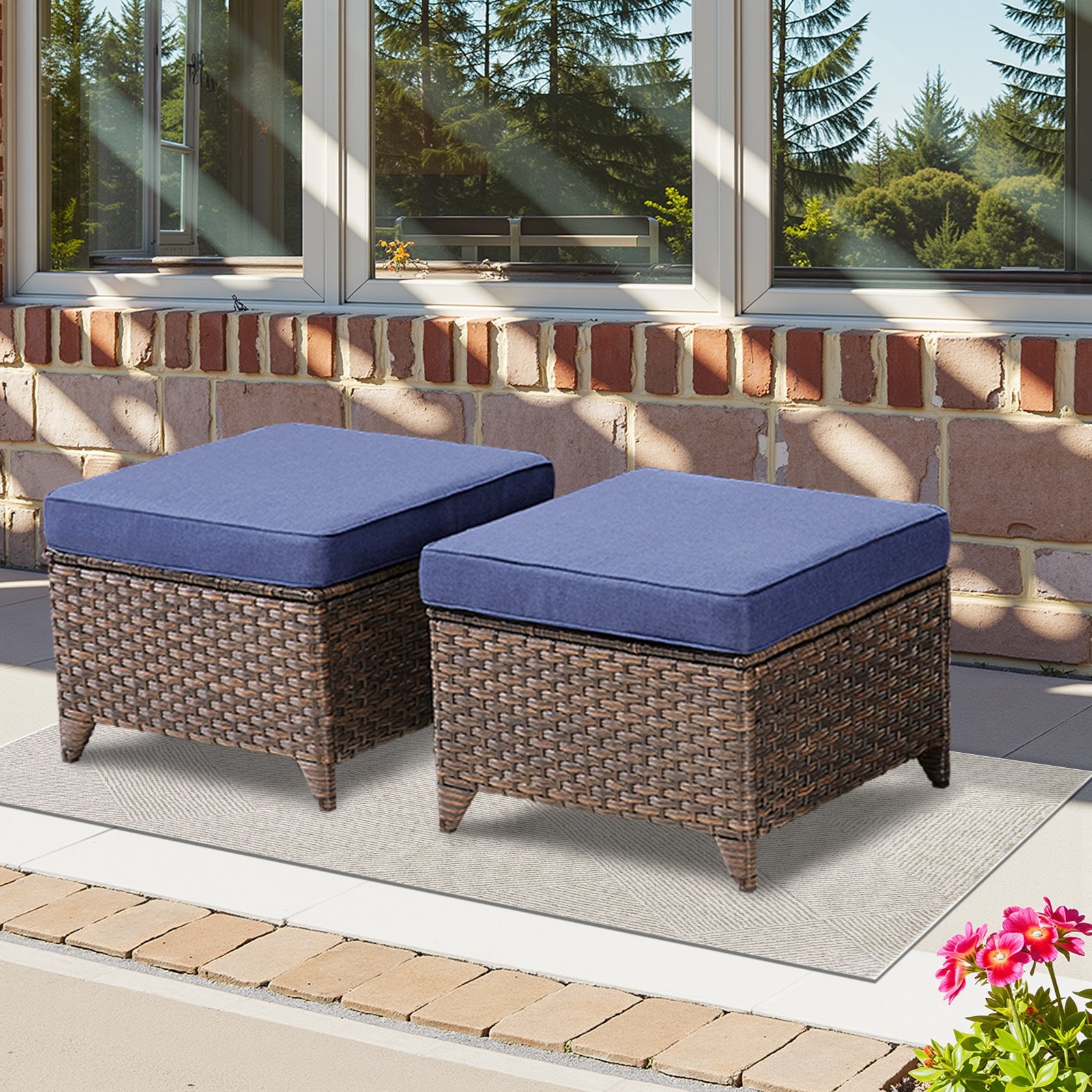 Arnahaishe Outdoor Wicker Ottomans Set of 2, Patio Rattan Footrests with Blue Cushions for Backyard Deck