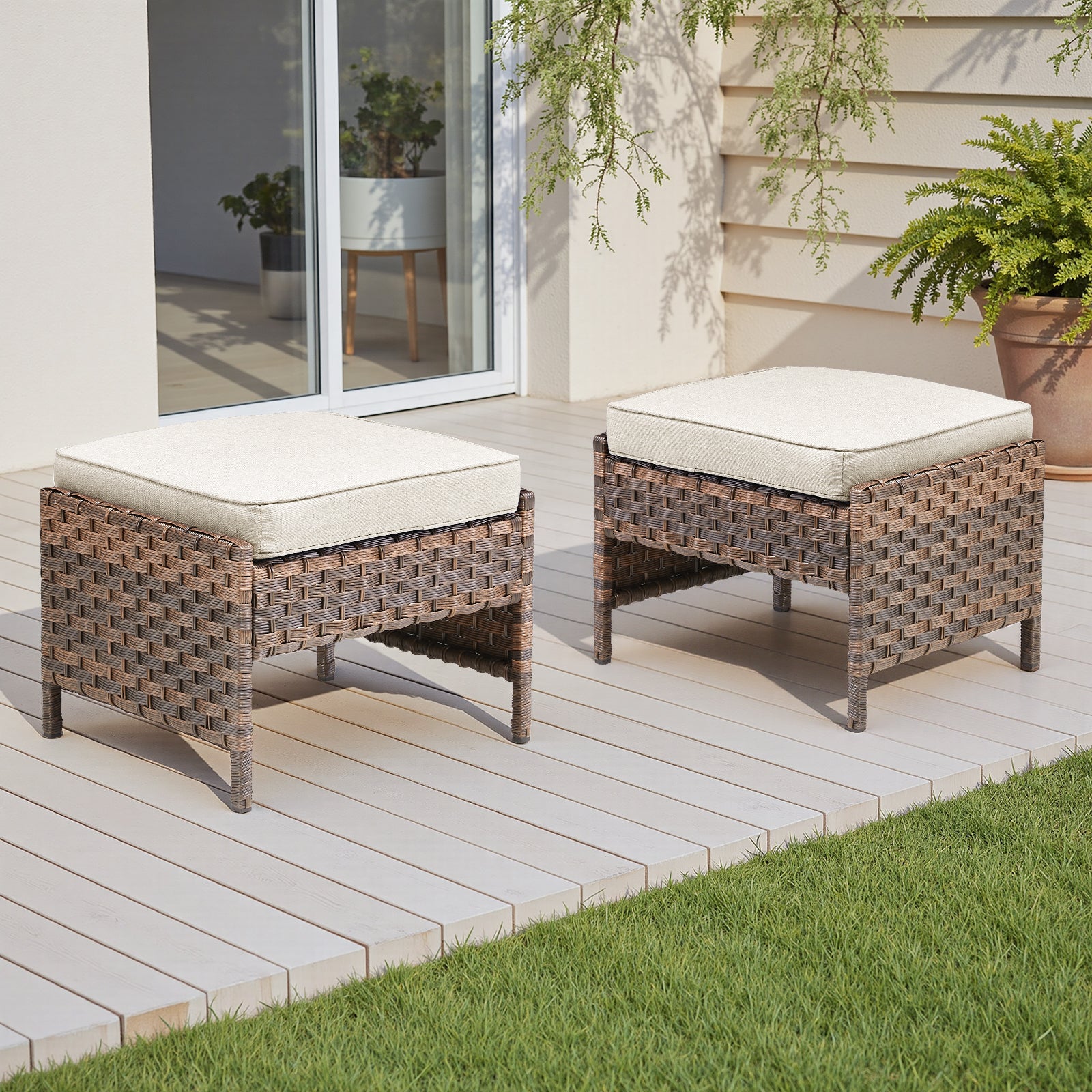 Arnahaishe Outdoor Ottoman Set of 2, All-Weather Wicker Patio Rattan Seat Foot Rest with Removable Cushions