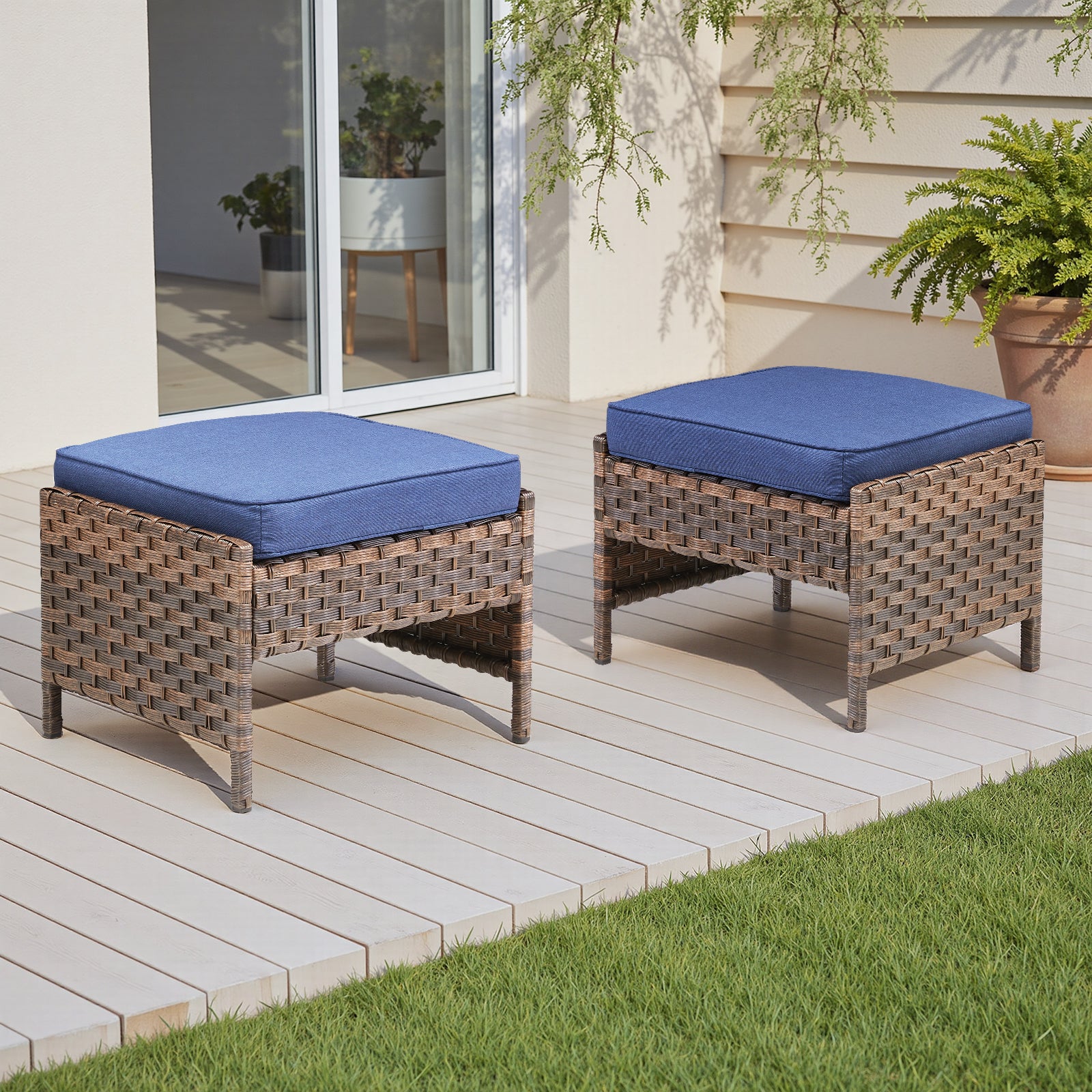 Arnahaishe Outdoor Ottoman Set of 2, All-Weather Wicker Patio Rattan Seat Foot Rest with Removable Cushions