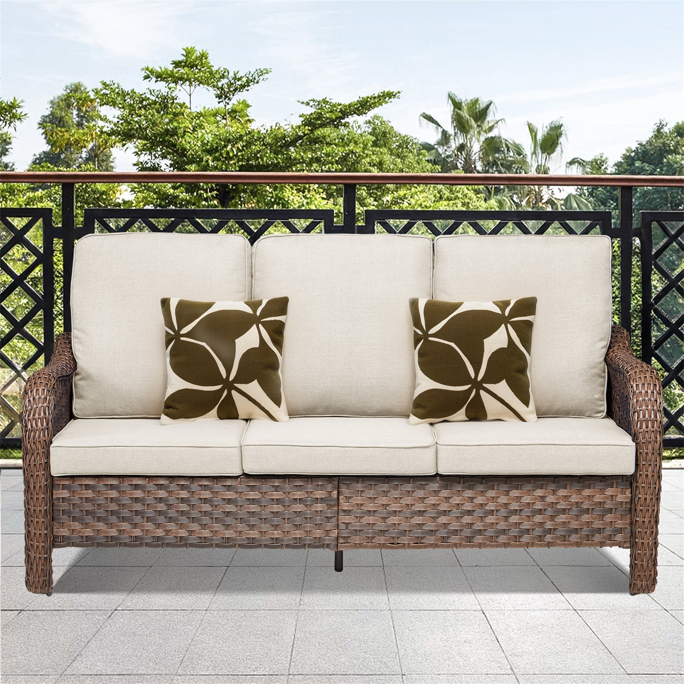 Arnahaishe Wicker Outdoor 3 Seater Sofa, Patio Rattan Couch with Cushions