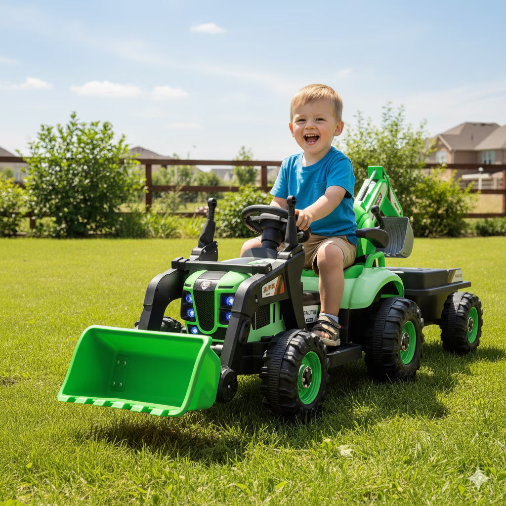 Arnahaishe 24V 4-in-1 Ride On Tractor Toys with Parents Control, 3-Speed Adjustable, LED, Music, Battery Powered Electric Excavator Gift for Kids