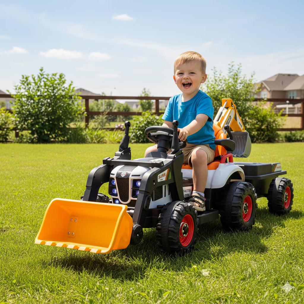 Arnahaishe 24V 4-in-1 Ride On Tractor Toys with Parents Control, 3-Speed Adjustable, LED, Music, Battery Powered Electric Excavator Gift for Kids