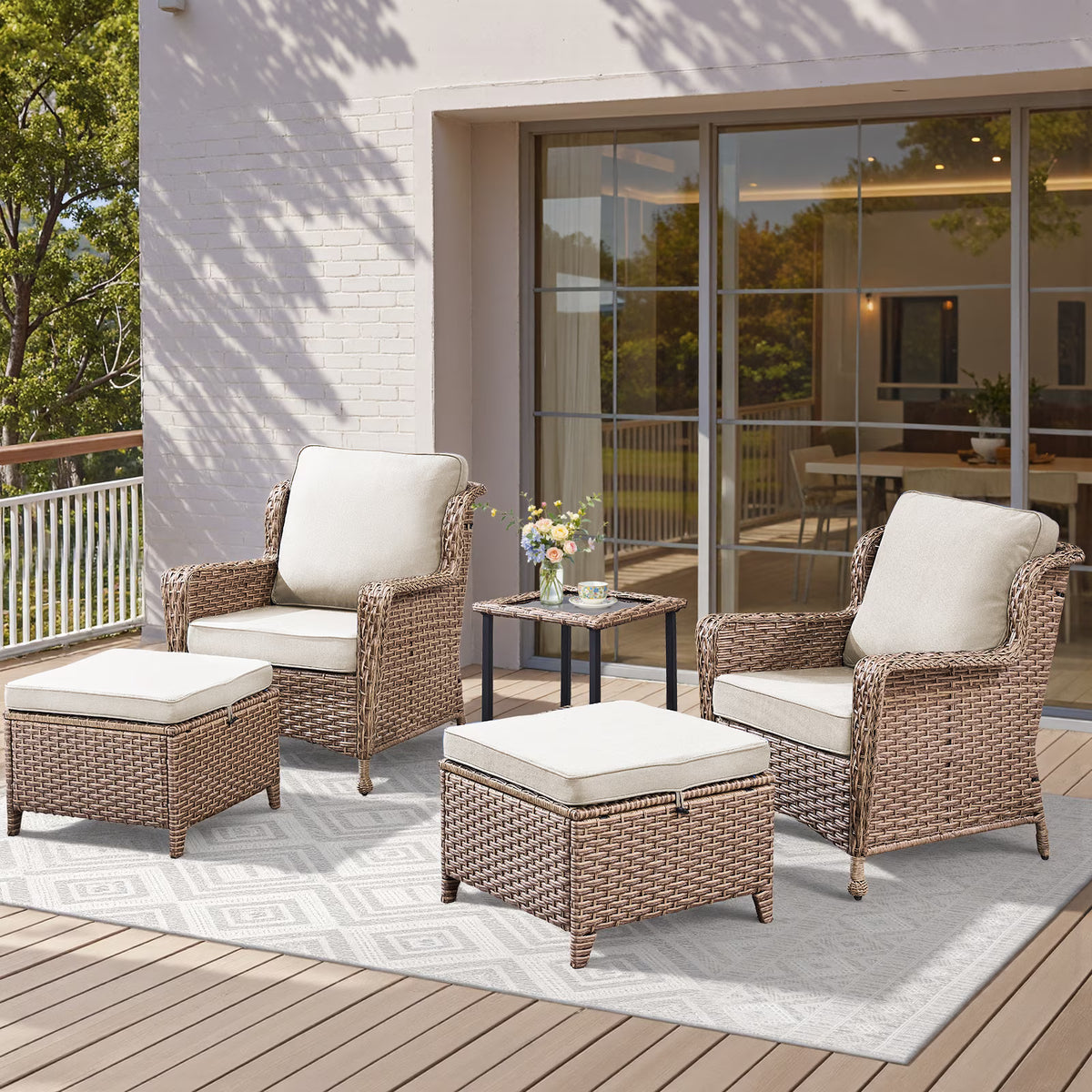 Arnahaishe 5-Piece Out Furniture Set, Patio Lounge Chairs Set of 2 with Side Table and 2 Ottomans for Porch Deck