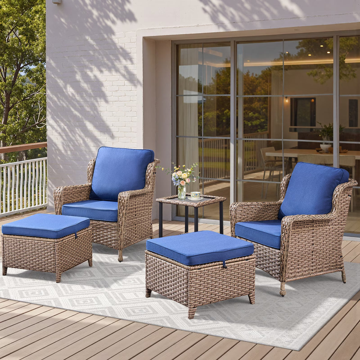 Arnahaishe 5-Piece Out Furniture Set, Patio Lounge Chairs Set of 2 with Side Table and 2 Ottomans for Porch Deck