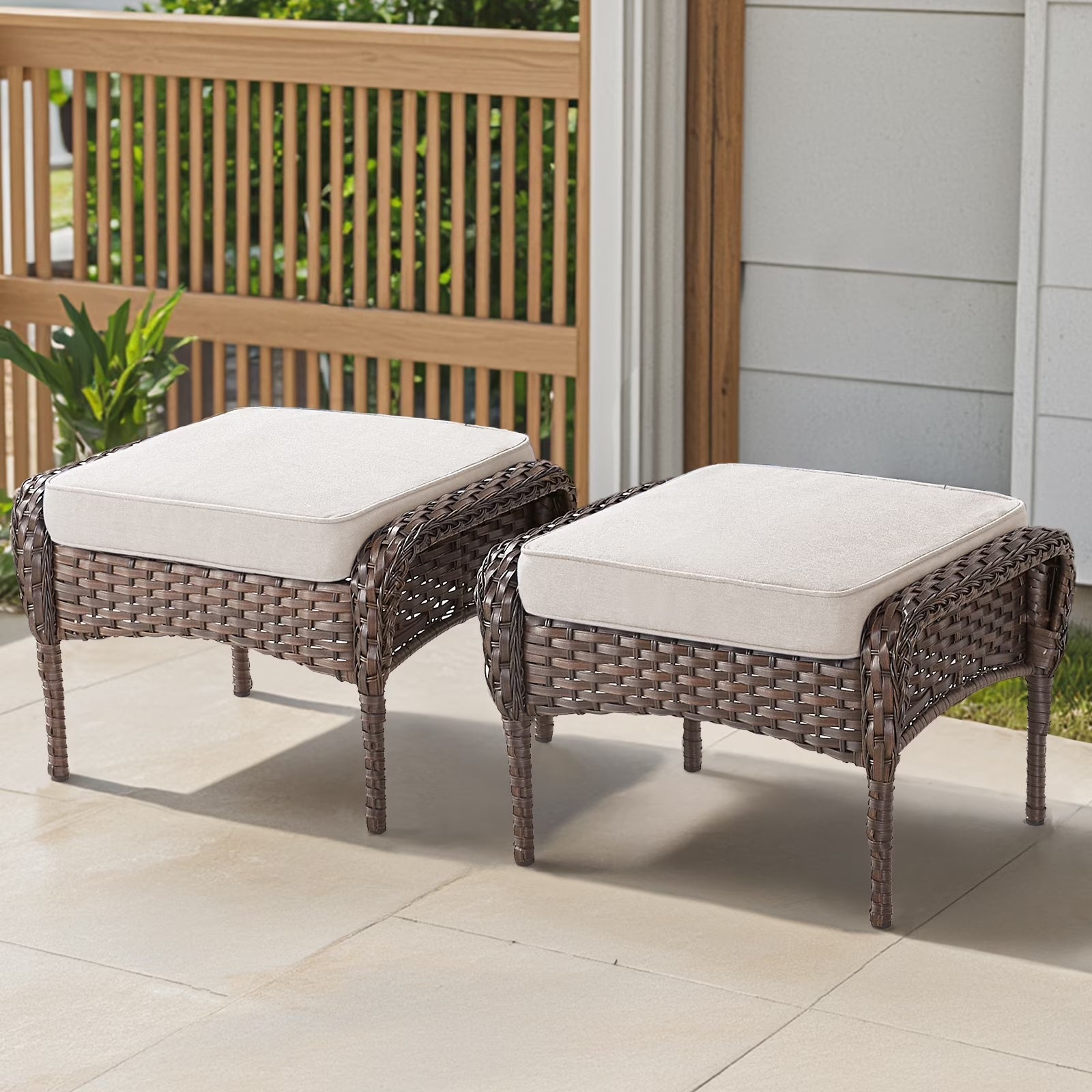 Arnahaishe Outdoor Ottoman Set of 2, All-Weather Wicker Patio Rattan Seat Foot Rest with Removable Cushions