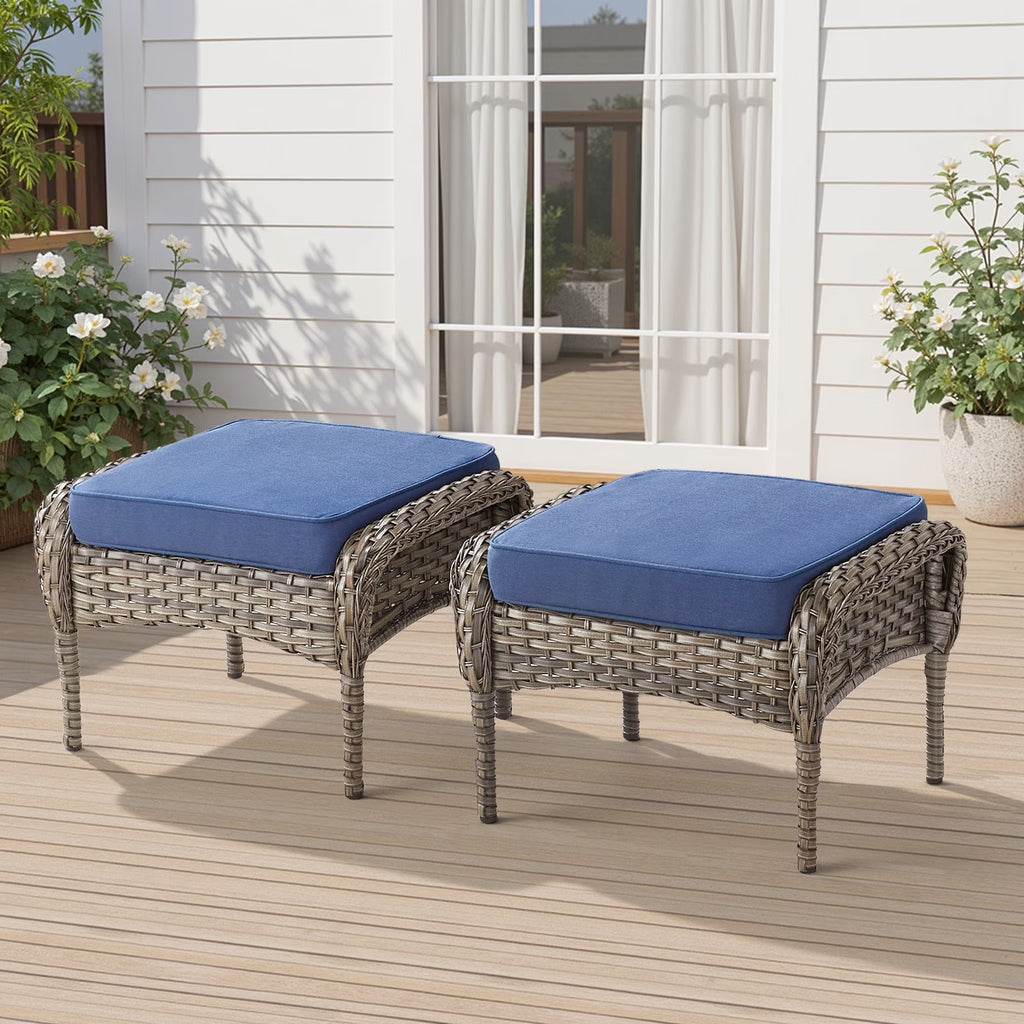 Arnahaishe Outdoor Ottoman Set of 2, All-Weather Wicker Patio Rattan Seat Foot Rest with Removable Cushions
