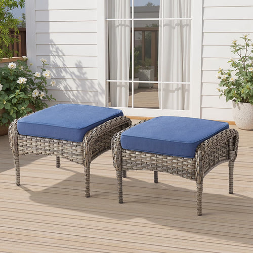 Arnahaishe Outdoor Ottoman Set of 2, All-Weather Wicker Patio Rattan Seat Foot Rest with Removable Cushions