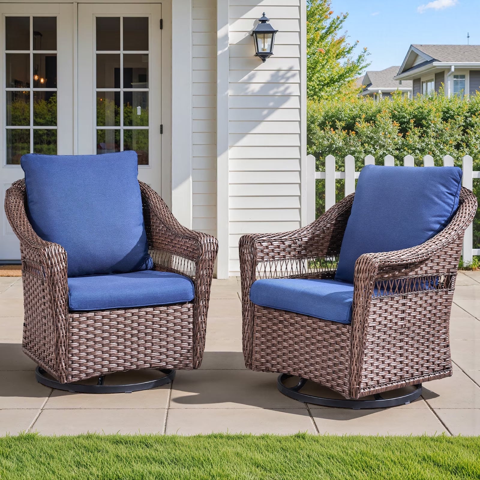Arnahaishe Outdoor Swivel Glider Chairs Set of 2, Patio Swivel Rockers with 4" Blue Cushions, Ideal for Porch Yard