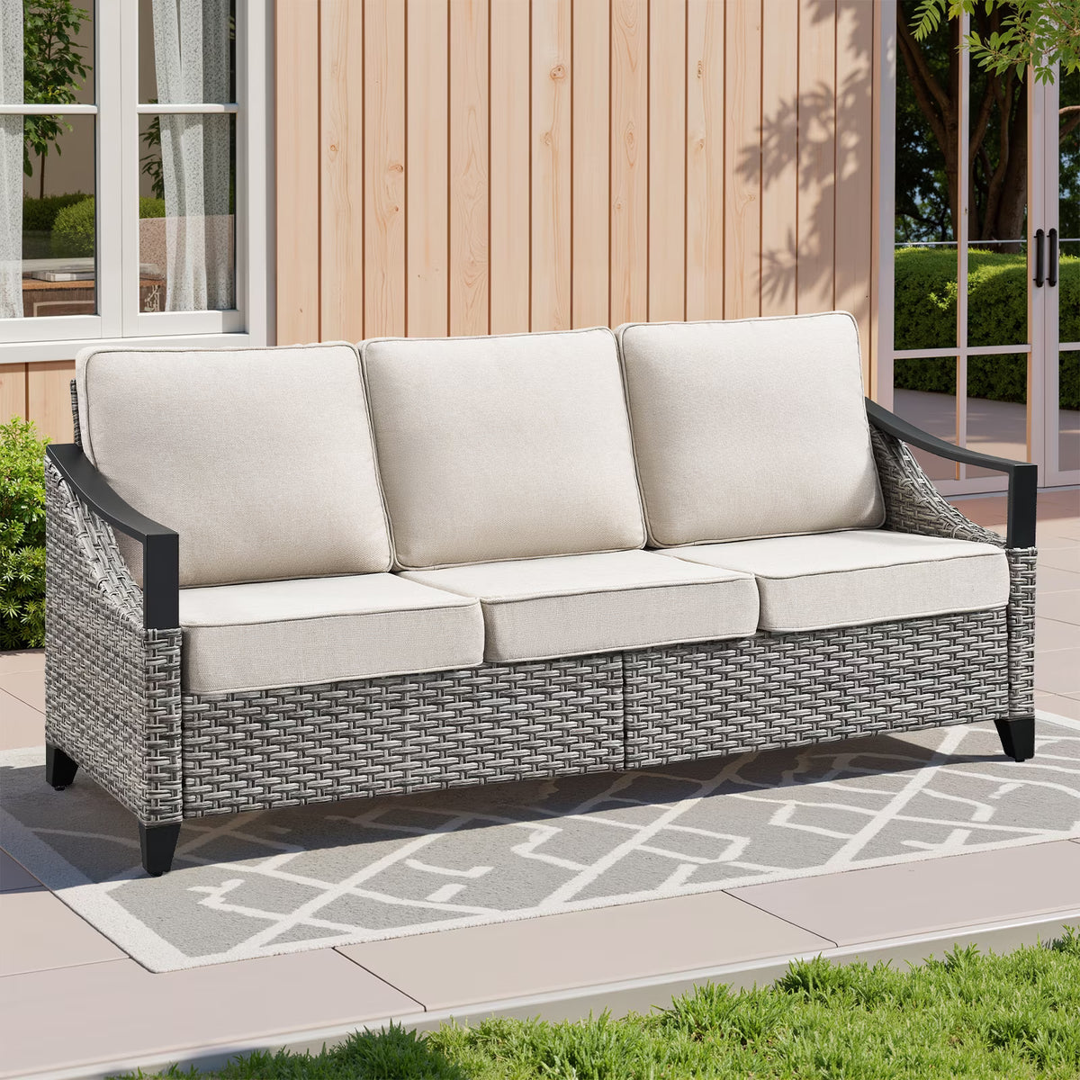 Arnahaishe Wicker Outdoor 3 Seater Sofa Patio Rattan Couch with Cushions for Porch, Yard, Garden